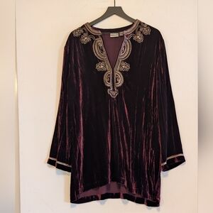Chico's 3 Burgundy Silk Blend Velvet Tunic Beaded Embroidered Long Sleeve Top